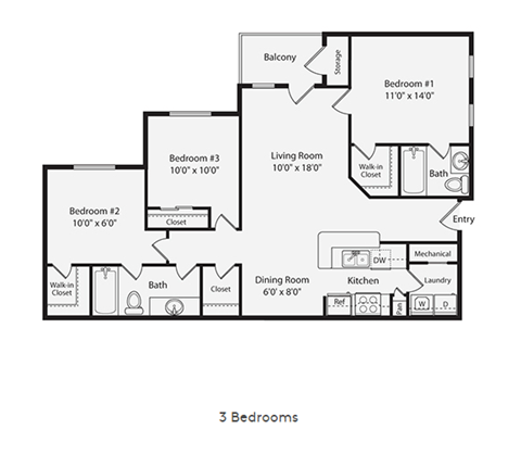Floor plan for 3 beds, 2 baths, 1350 sqft